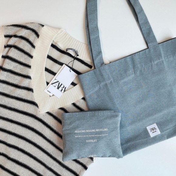 NWOT. Zara Gray Cotton Blend Unisex Plain Logo Shoppers/Tote Bag. - Picture 3 of 6